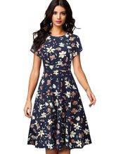 Nice-forever Vintage Elegant Floral Print Pleated Round neck dress - foxberryparkproducts