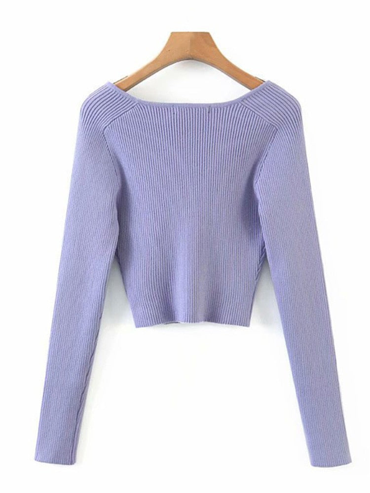 DEAT 2022 Autumn Autumn Short Square Collar Thin Knitted Pullovers Sweater Loose V-Neck Long Sleeve Women New Fashion 13U090 - foxberryparkproducts