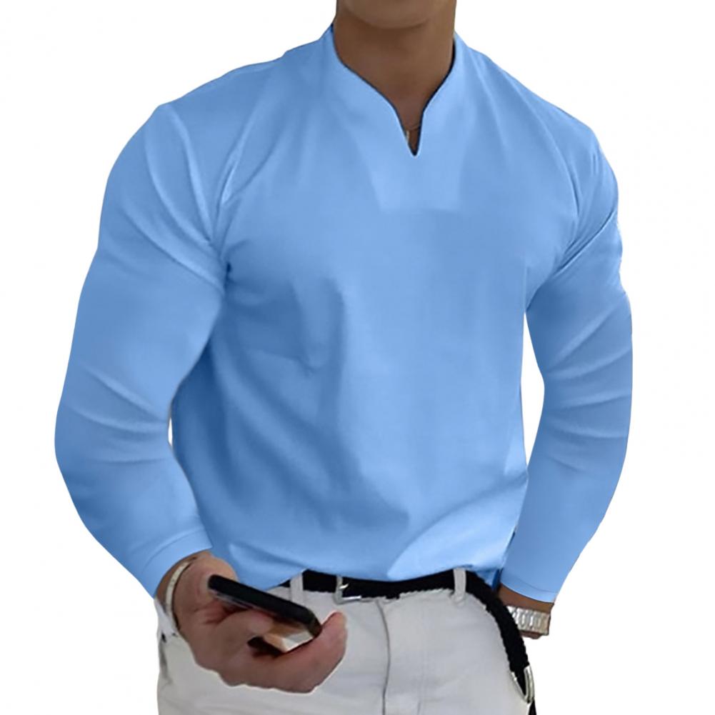 Casual V-Neck Solid Tees Men Shirts Long Sleeves Pullover