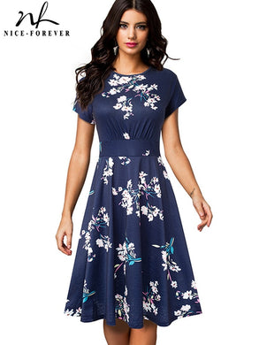 Nice-forever Vintage Elegant Floral Print Pleated Round neck dress - foxberryparkproducts