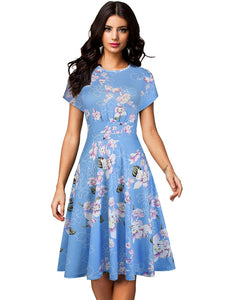 Nice-forever Vintage Elegant Floral Print Pleated Round neck dress - foxberryparkproducts