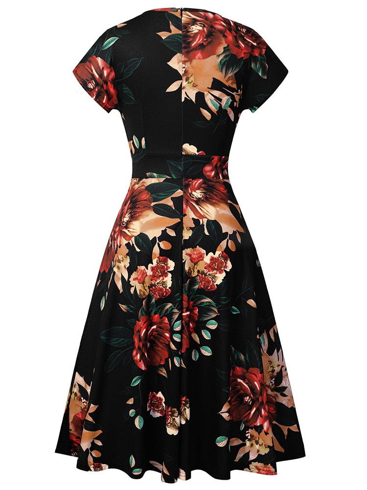 Nice-forever Vintage Elegant Floral Print Pleated Round neck dress - foxberryparkproducts