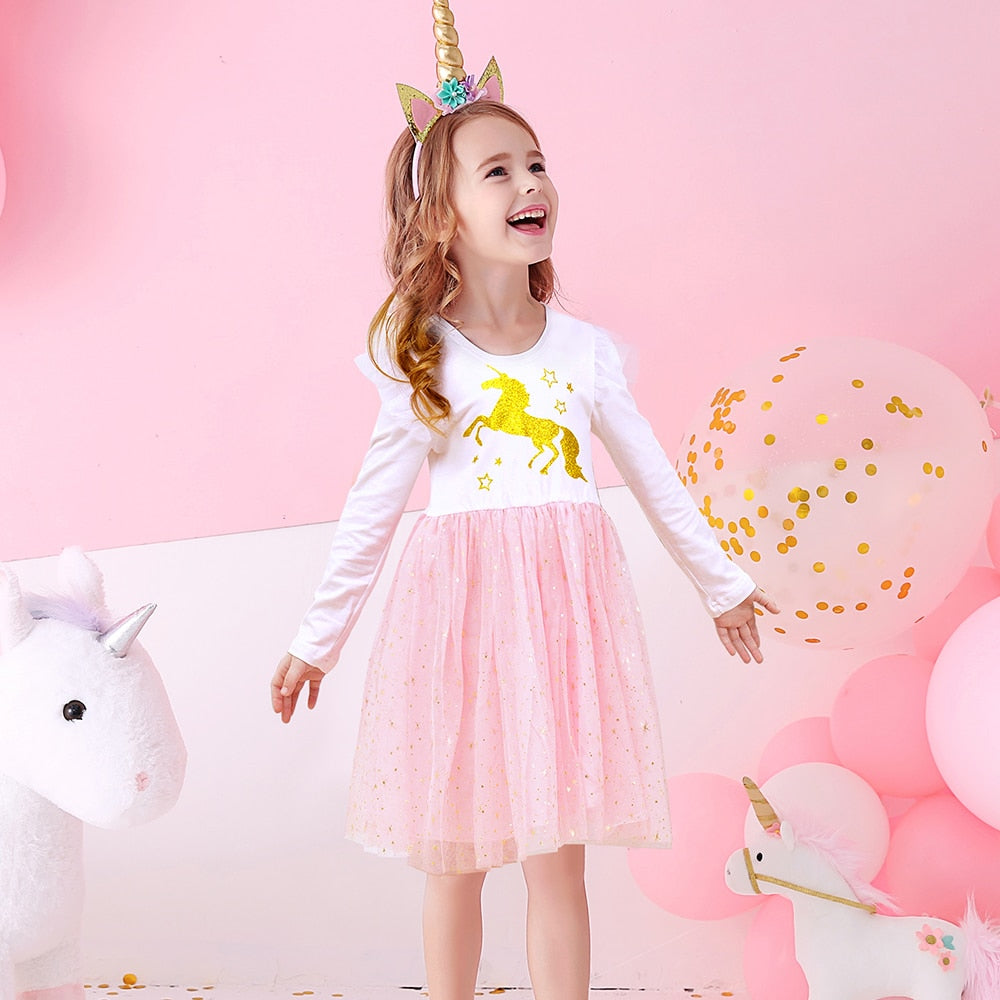 VIKITA Girls Princess Dress Unicorn Sequins Long Sleeve Autumn Dress Kids Birthday Party Wedding Tulle Dresses Children Clothing - foxberryparkproducts