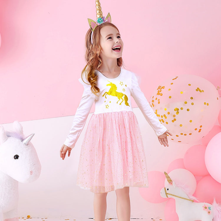 VIKITA Girls Princess Dress Unicorn Sequins Long Sleeve Autumn Dress Kids Birthday Party Wedding Tulle Dresses Children Clothing - foxberryparkproducts