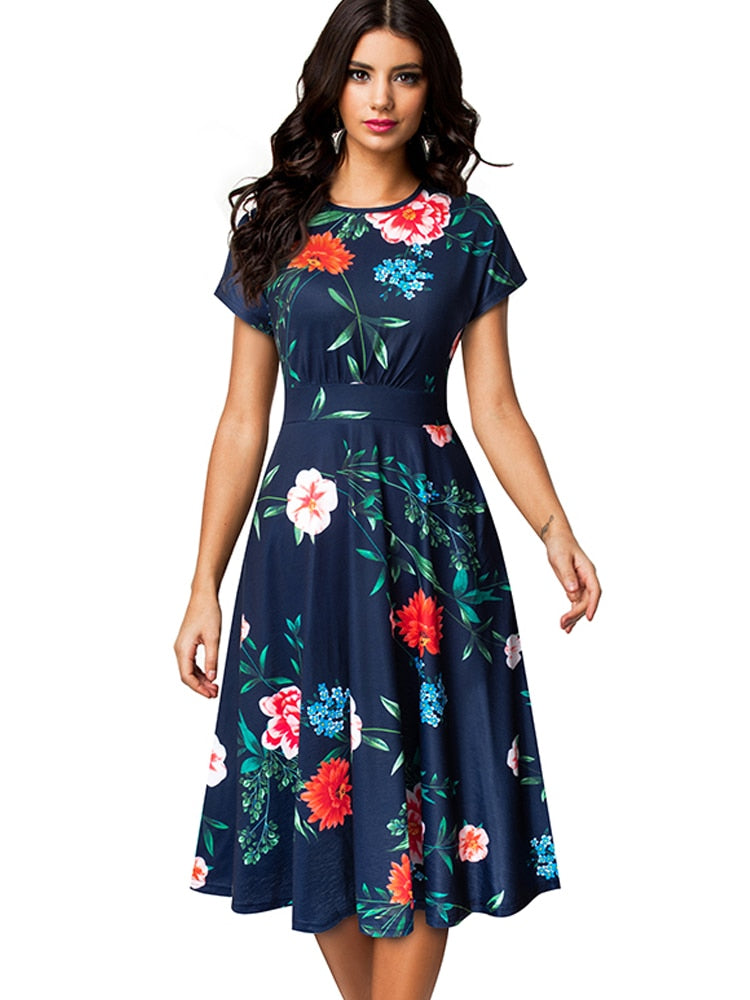 Nice-forever Vintage Elegant Floral Print Pleated Round neck dress - foxberryparkproducts