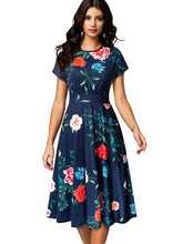 Load image into Gallery viewer, Nice-forever Vintage Elegant Floral Print Pleated Round neck dress - foxberryparkproducts
