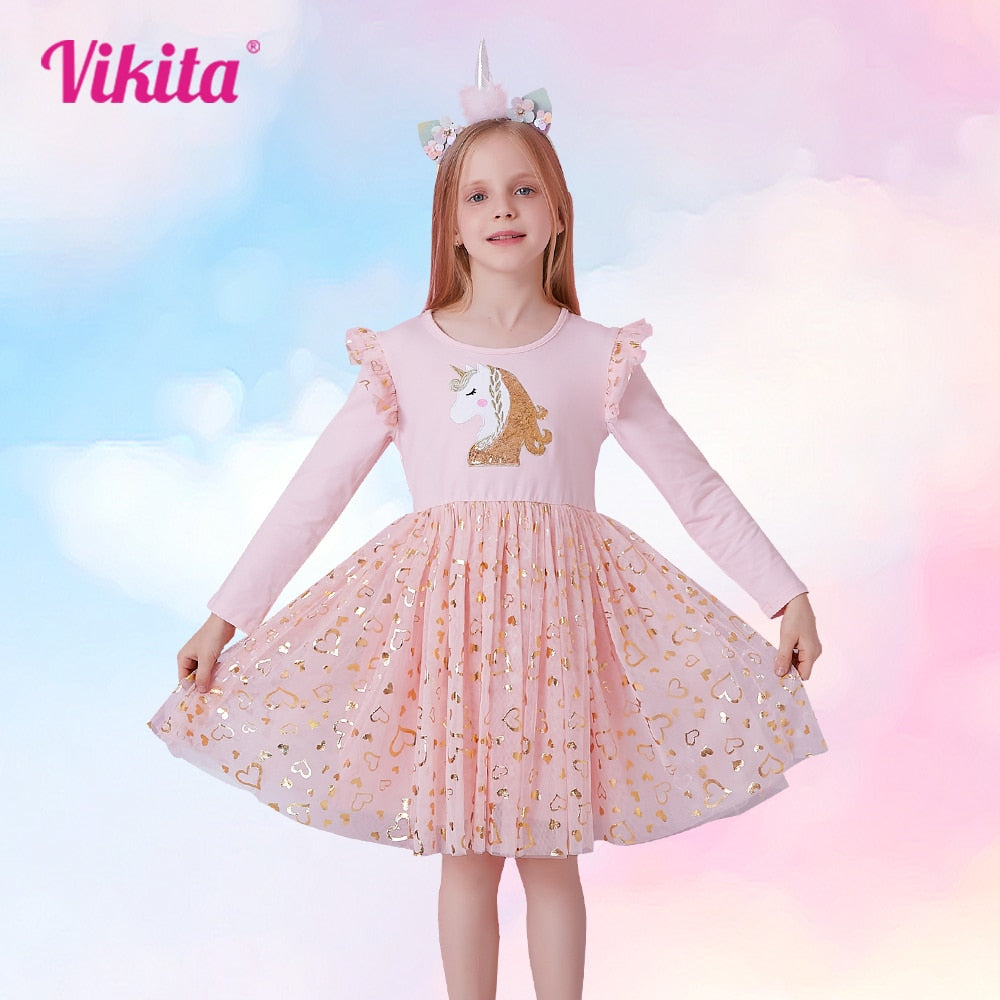 VIKITA Girls Princess Dress Unicorn Sequins Long Sleeve Autumn Dress Kids Birthday Party Wedding Tulle Dresses Children Clothing - foxberryparkproducts