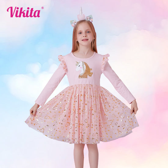 VIKITA Girls Princess Dress Unicorn Sequins Long Sleeve Autumn Dress Kids Birthday Party Wedding Tulle Dresses Children Clothing - foxberryparkproducts