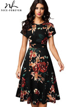 Nice-forever Vintage Elegant Floral Print Pleated Round neck dress - foxberryparkproducts
