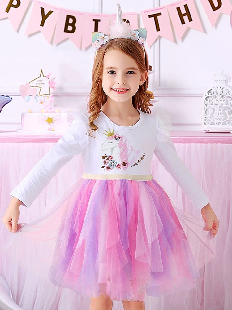VIKITA Girls Princess Dress Unicorn Sequins Long Sleeve Autumn Dress Kids Birthday Party Wedding Tulle Dresses Children Clothing - foxberryparkproducts