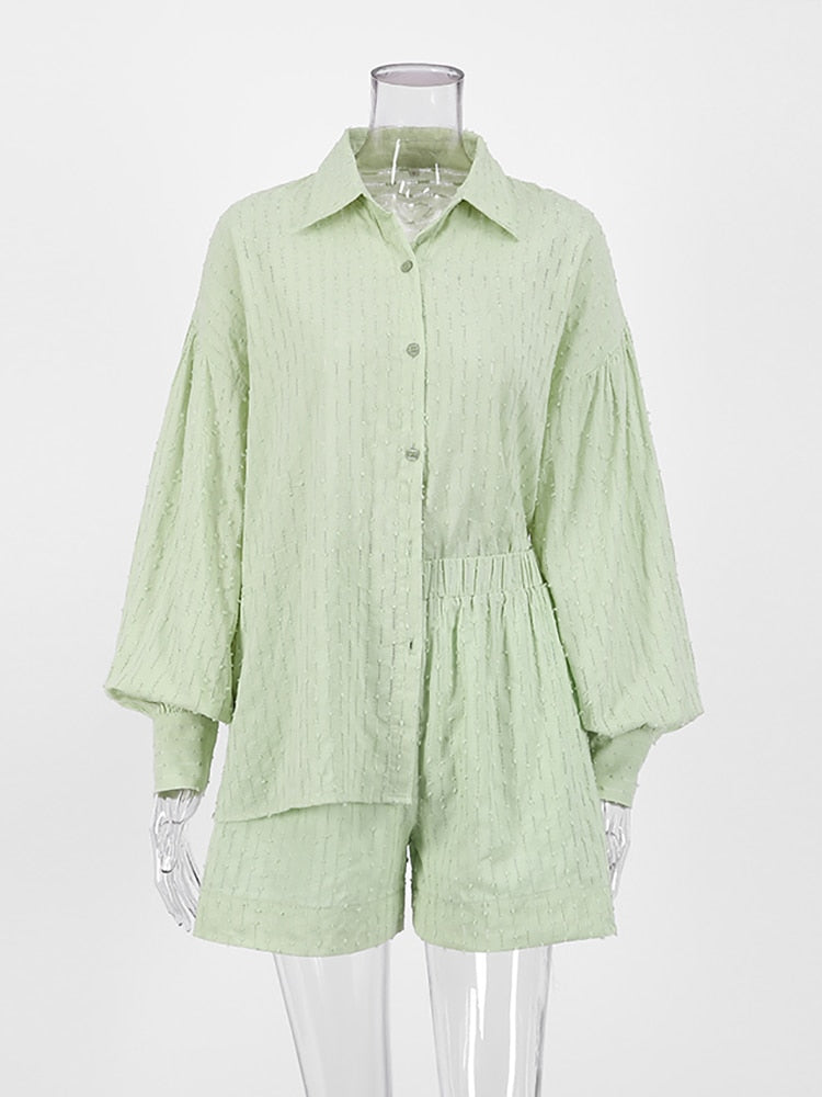 Vacation Suits Women Long Sleeves Shirts And Hot Pants Two Pieces Outfits Summer - foxberryparkproducts