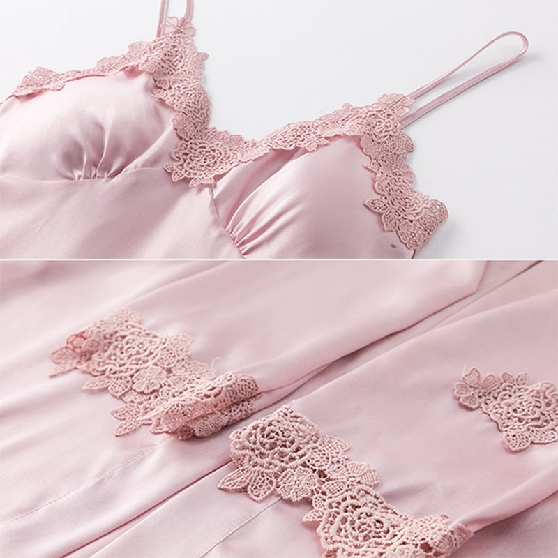 5PCS Sleepwear Female Pajamas Set Satin Pyjamamas Sexy Lace Patchwork - foxberryparkproducts