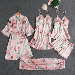 5PCS Sleepwear Female Pajamas Set Satin Pyjamamas Sexy Lace Patchwork - foxberryparkproducts