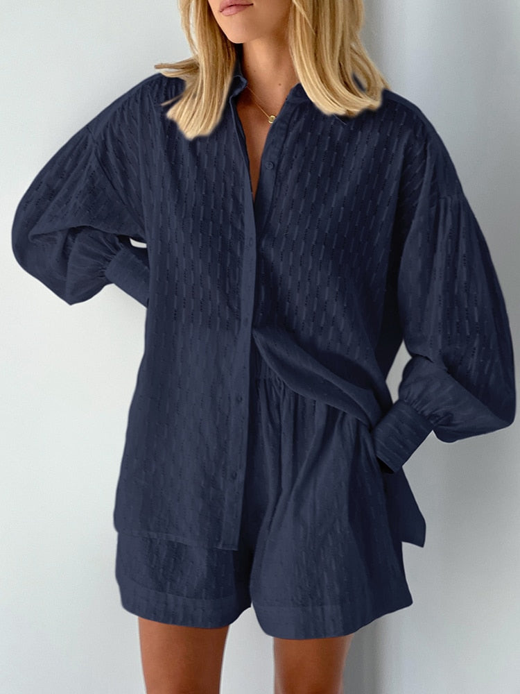 Vacation Suits Women Long Sleeves Shirts And Hot Pants Two Pieces Outfits Summer - foxberryparkproducts
