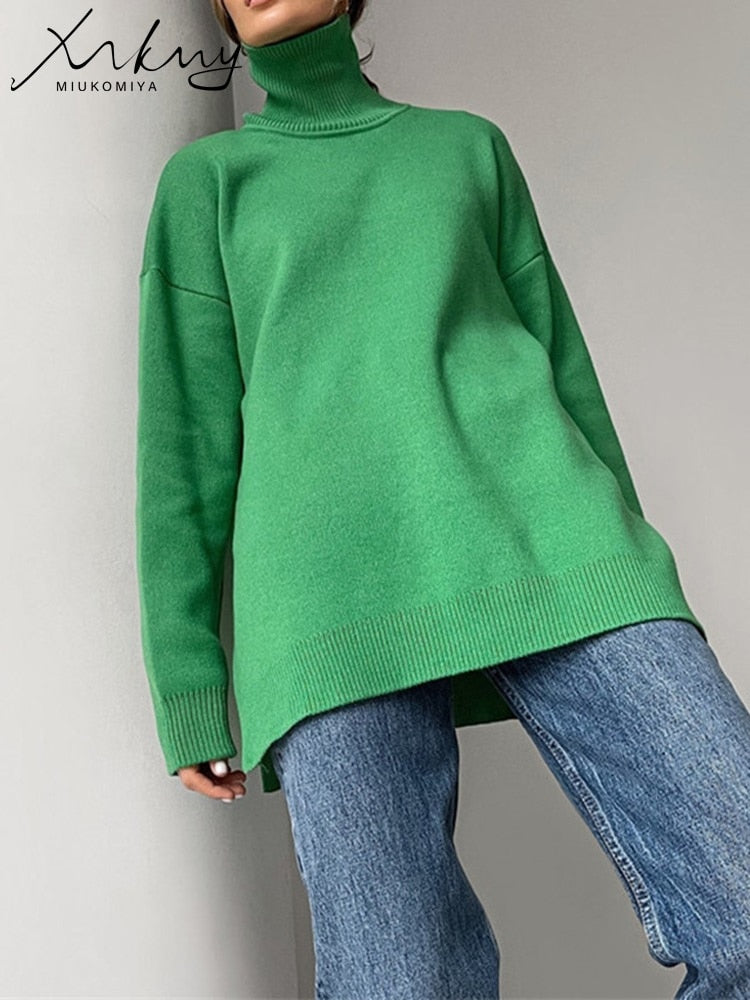 Autumn Winter Women Sweaters Turtleneck Women Pullovers Side Split Knitted Jumpers - foxberryparkproducts