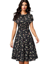 Nice-forever Vintage Elegant Floral Print Pleated Round neck dress - foxberryparkproducts