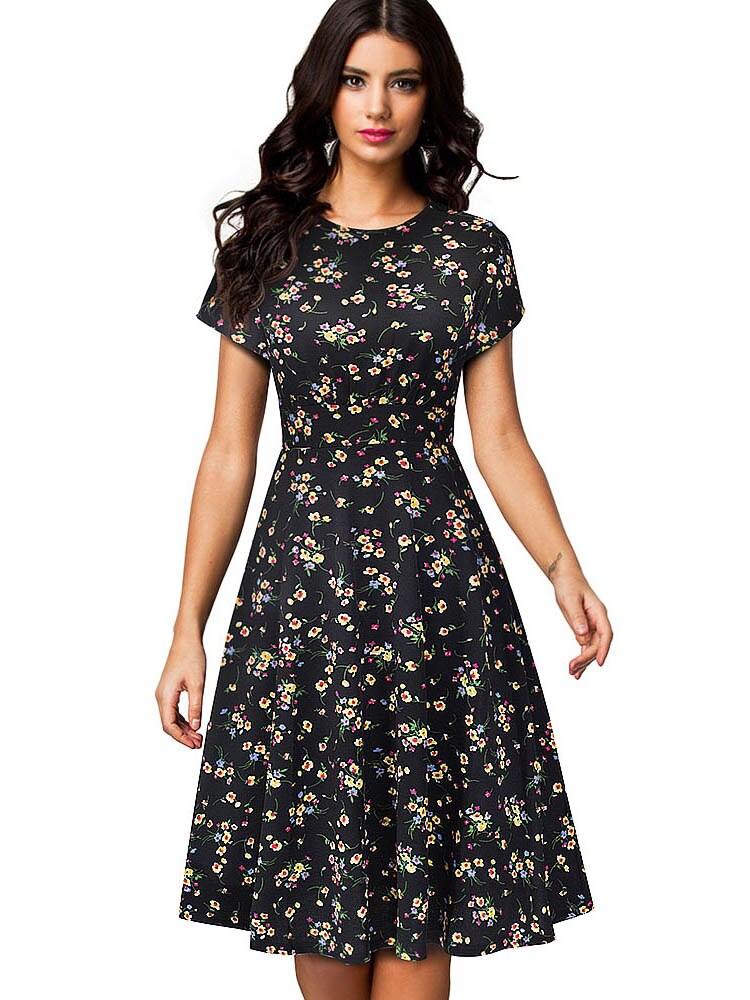 Nice-forever Vintage Elegant Floral Print Pleated Round neck dress - foxberryparkproducts