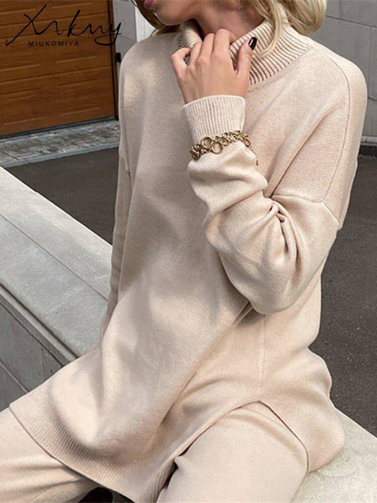 Autumn Winter Women Sweaters Turtleneck Women Pullovers Side Split Knitted Jumpers - foxberryparkproducts