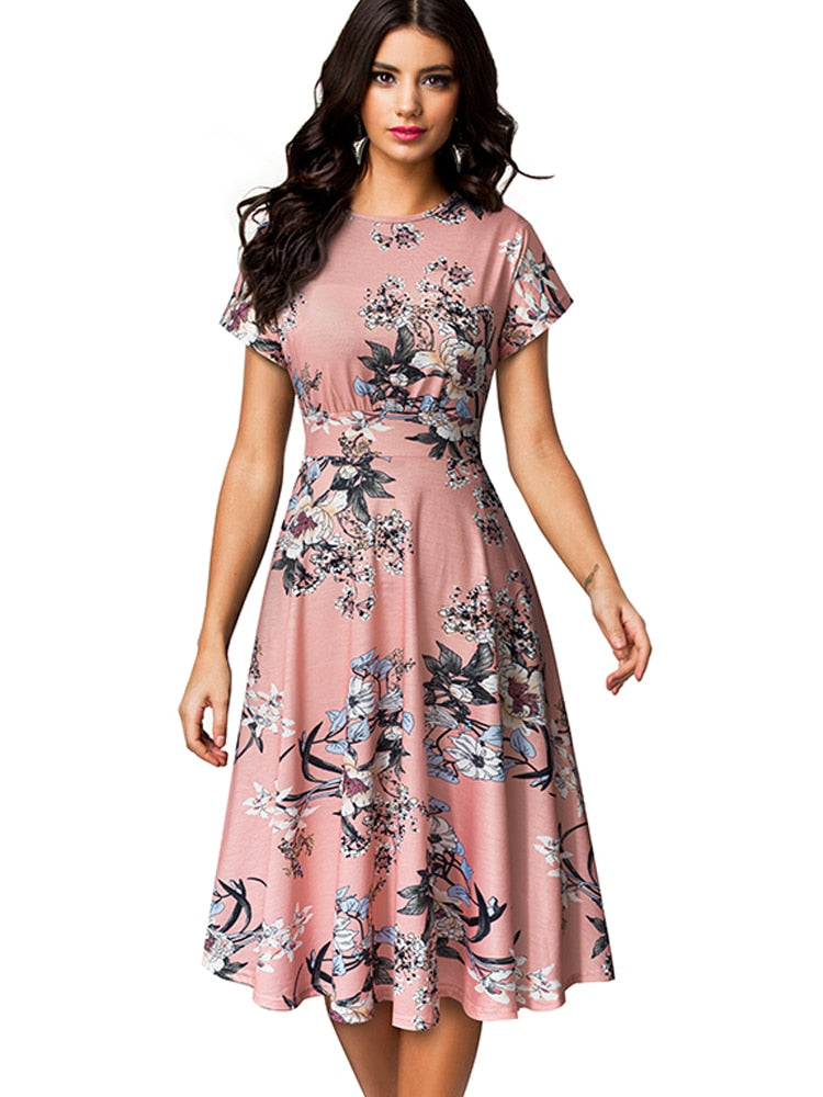 Nice-forever Vintage Elegant Floral Print Pleated Round neck dress - foxberryparkproducts