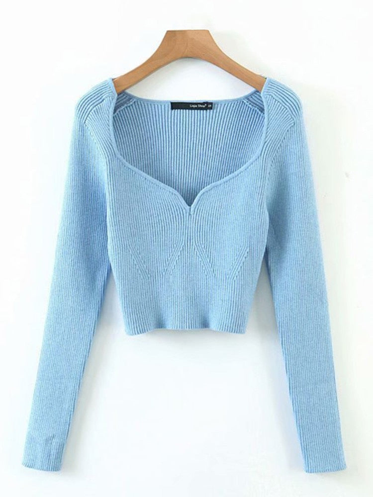 DEAT 2022 Autumn Autumn Short Square Collar Thin Knitted Pullovers Sweater Loose V-Neck Long Sleeve Women New Fashion 13U090 - foxberryparkproducts