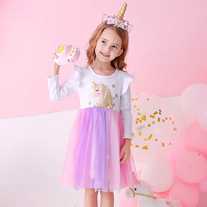 VIKITA Girls Princess Dress Unicorn Sequins Long Sleeve Autumn Dress Kids Birthday Party Wedding Tulle Dresses Children Clothing - foxberryparkproducts