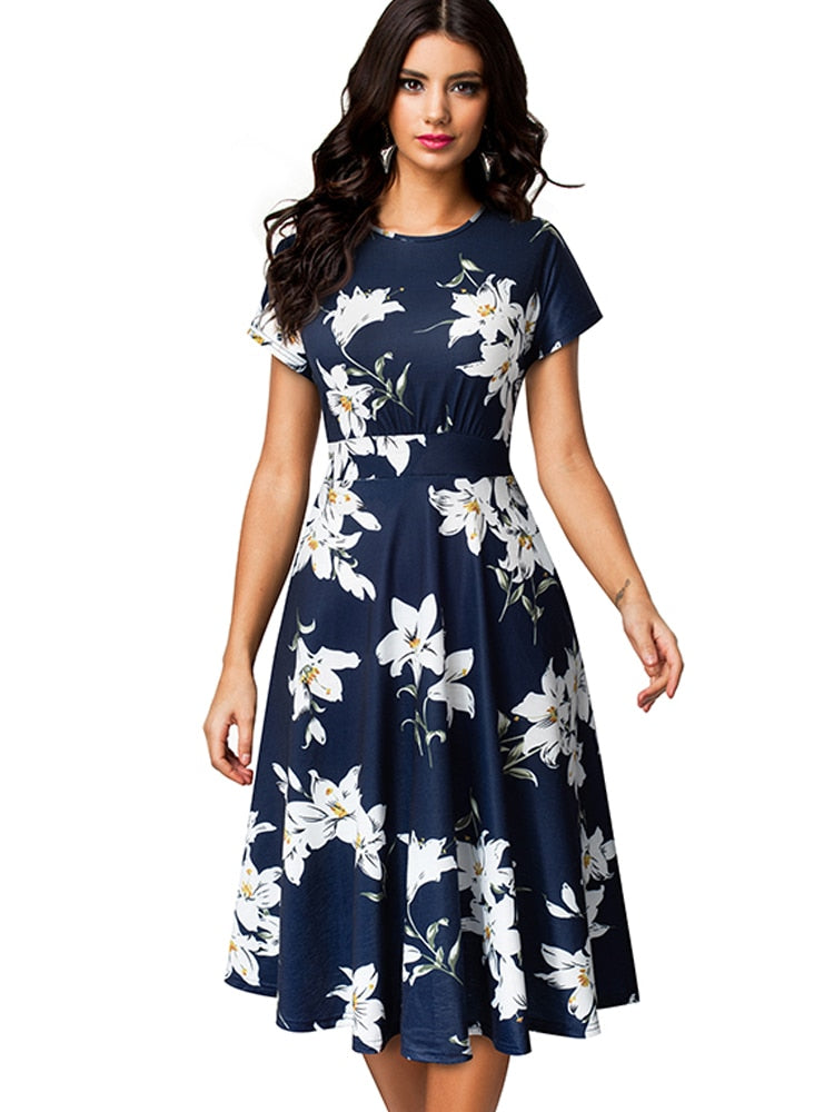 Nice-forever Vintage Elegant Floral Print Pleated Round neck dress - foxberryparkproducts