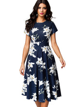 Nice-forever Vintage Elegant Floral Print Pleated Round neck dress - foxberryparkproducts