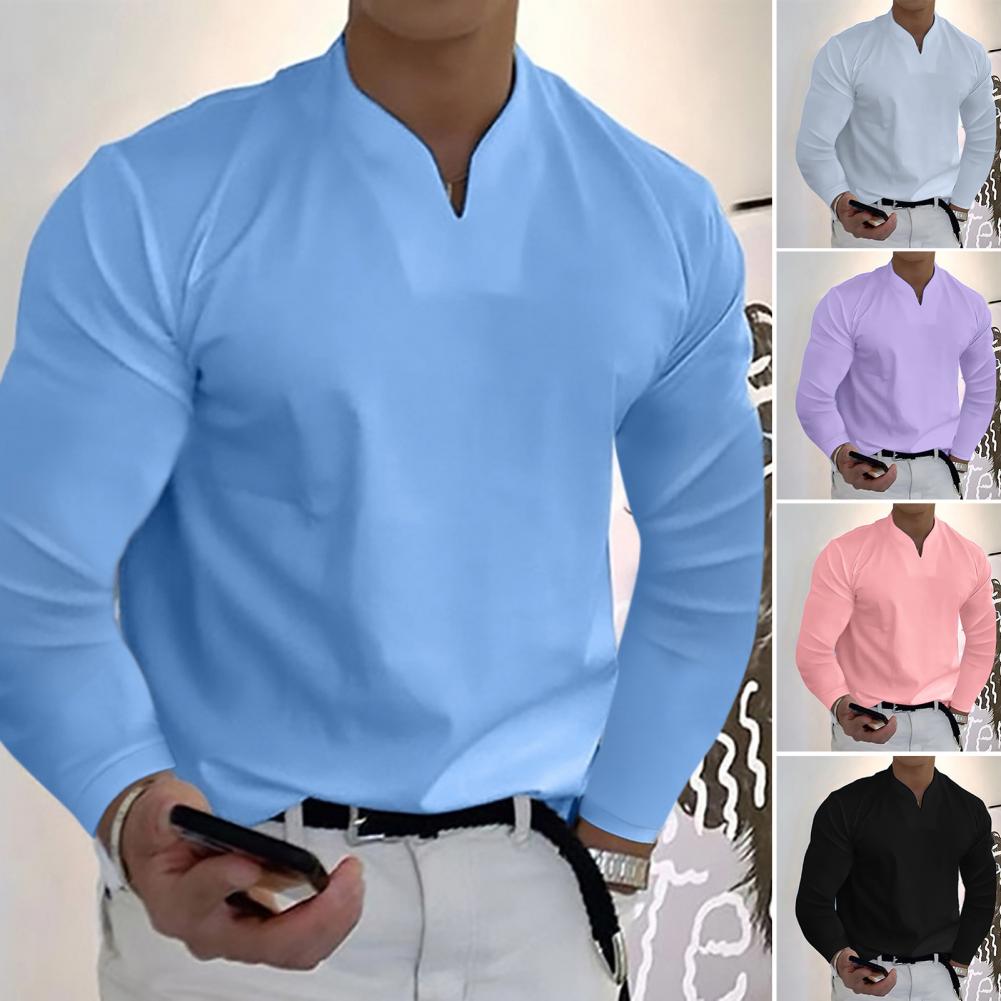 Casual V-Neck Solid Tees Men Shirts Long Sleeves Pullover