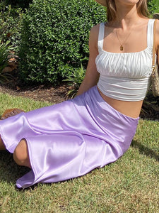 Solid Purple Satin Silk Skirt Women High Waisted Summer Long Skirt - foxberryparkproducts