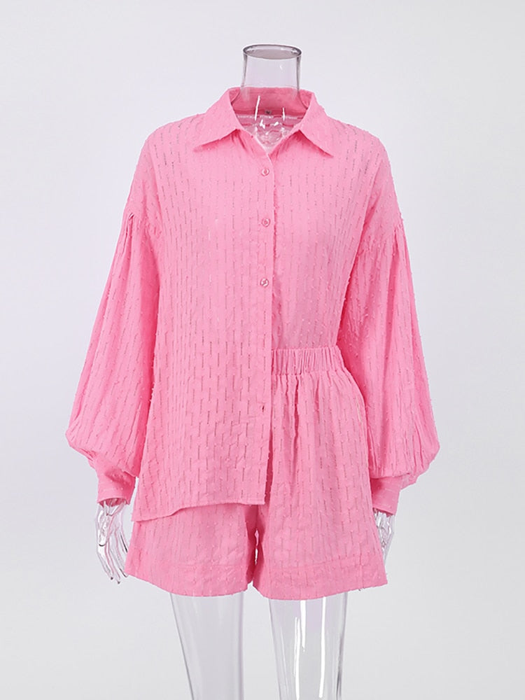 Vacation Suits Women Long Sleeves Shirts And Hot Pants Two Pieces Outfits Summer - foxberryparkproducts