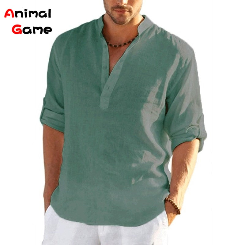 2023 New Mens Linen Long Sleeve T-Shirt