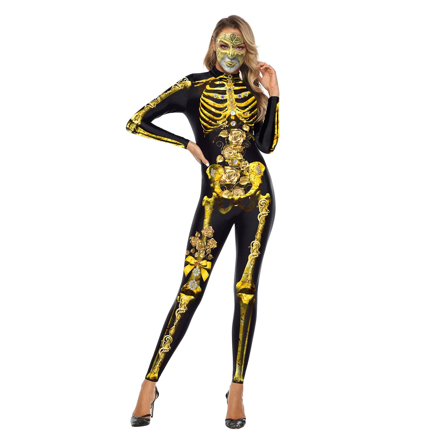 VIP FASHION Adult Skeleton Print Halloween Cosplay For Women Ghost Jumpsuit - foxberryparkproducts