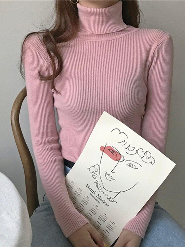 Women Turtleneck Sweater 2022 Autumn Winter Sloid Color Cashmere Sweaters - foxberryparkproducts
