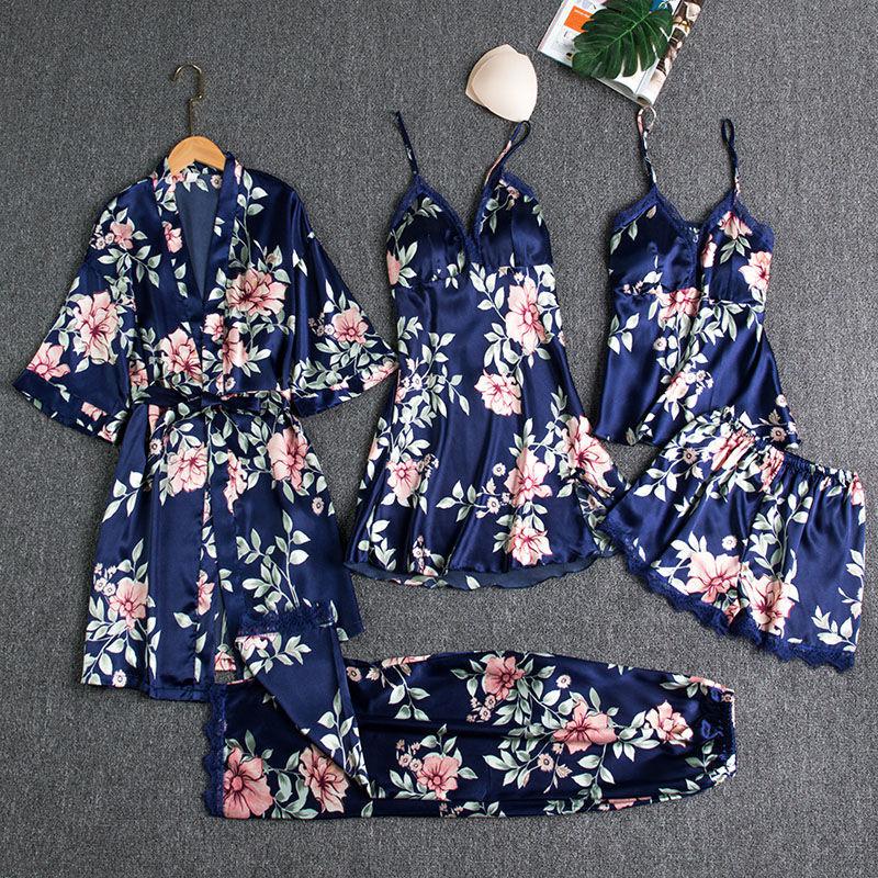 5PCS Sleepwear Female Pajamas Set Satin Pyjamamas Sexy Lace Patchwork - foxberryparkproducts