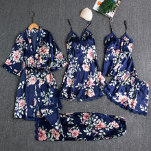Load image into Gallery viewer, 5PCS Sleepwear Female Pajamas Set Satin Pyjamamas Sexy Lace Patchwork - foxberryparkproducts
