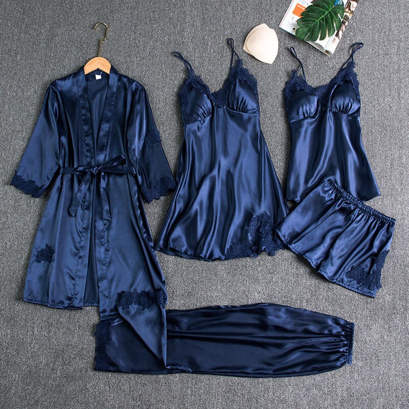 5PCS Sleepwear Female Pajamas Set Satin Pyjamamas Sexy Lace Patchwork - foxberryparkproducts