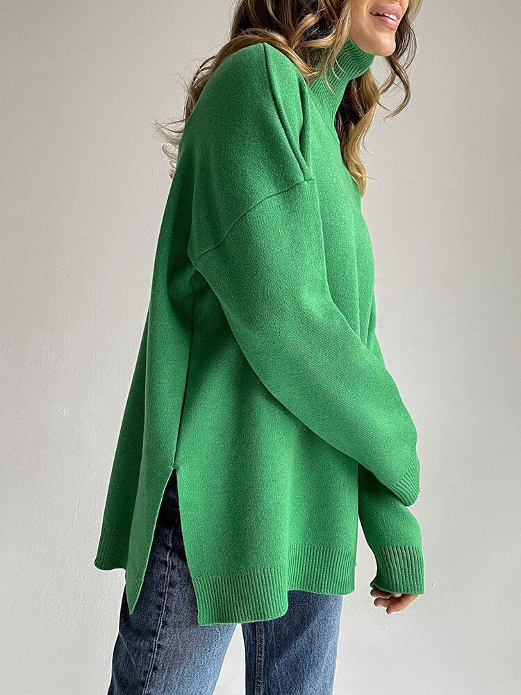 Autumn Winter Women Sweaters Turtleneck Women Pullovers Side Split Knitted Jumpers - foxberryparkproducts