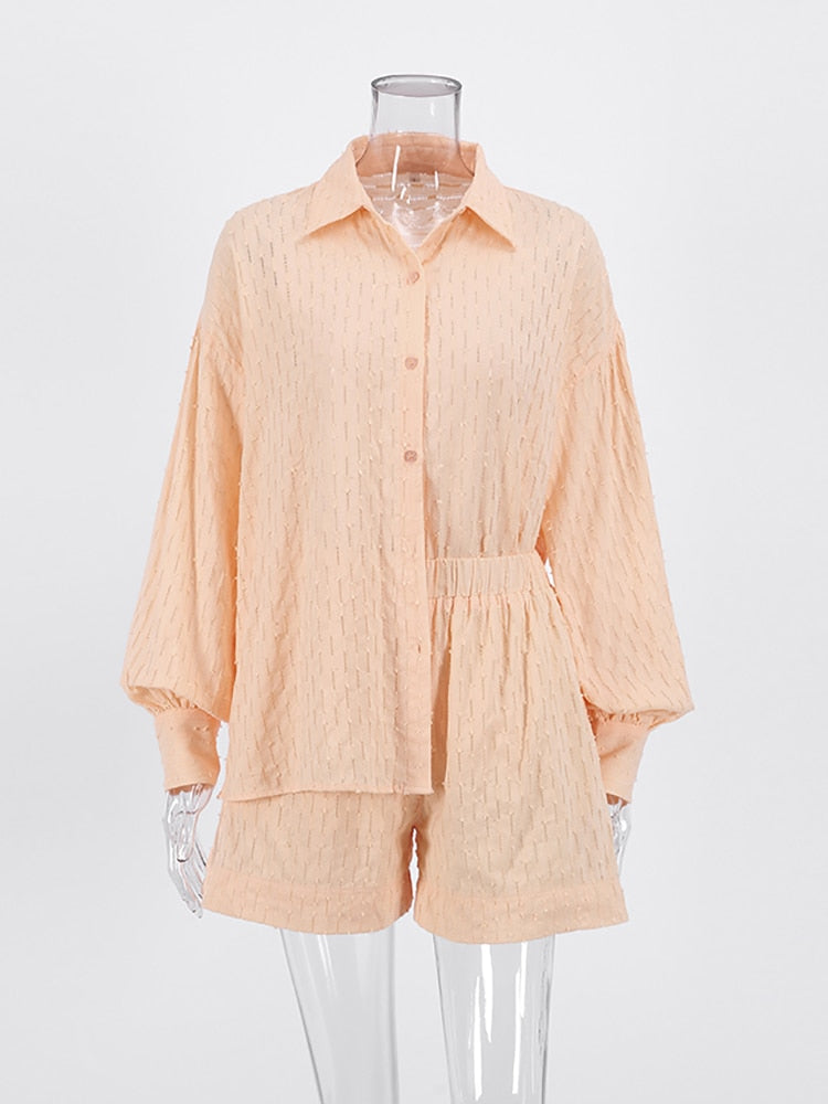 Vacation Suits Women Long Sleeves Shirts And Hot Pants Two Pieces Outfits Summer - foxberryparkproducts