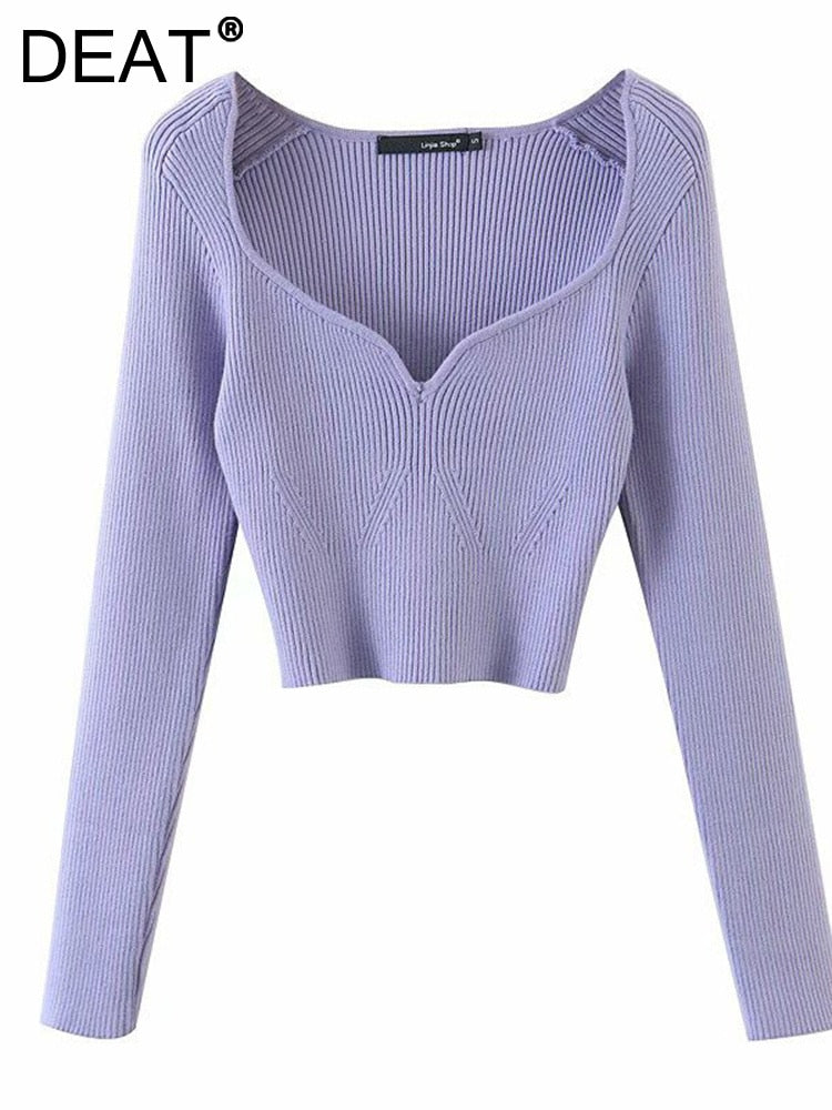 DEAT 2022 Autumn Autumn Short Square Collar Thin Knitted Pullovers Sweater Loose V-Neck Long Sleeve Women New Fashion 13U090 - foxberryparkproducts