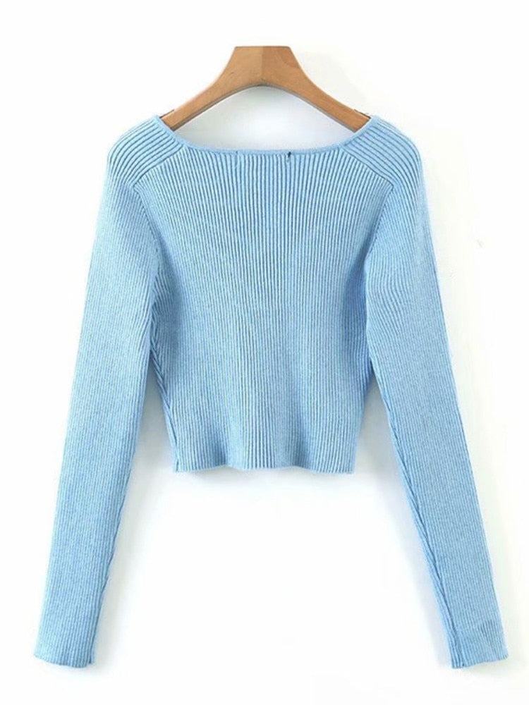 DEAT 2022 Autumn Autumn Short Square Collar Thin Knitted Pullovers Sweater Loose V-Neck Long Sleeve Women New Fashion 13U090 - foxberryparkproducts