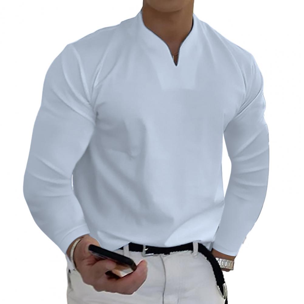 Casual V-Neck Solid Tees Men Shirts Long Sleeves Pullover