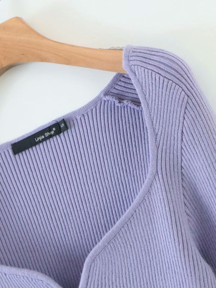 DEAT 2022 Autumn Autumn Short Square Collar Thin Knitted Pullovers Sweater Loose V-Neck Long Sleeve Women New Fashion 13U090 - foxberryparkproducts