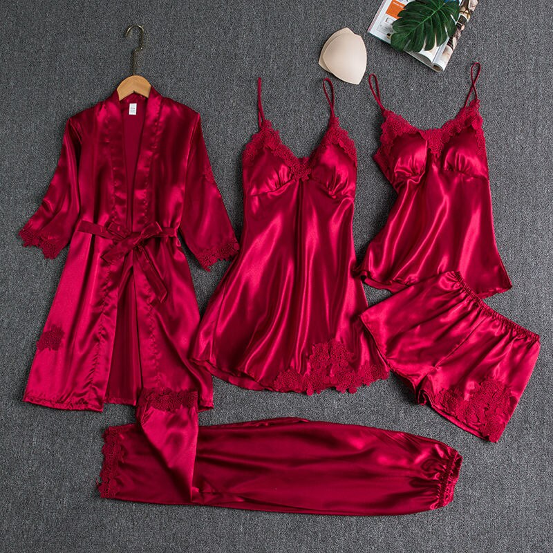 5PCS Sleepwear Female Pajamas Set Satin Pyjamamas Sexy Lace Patchwork - foxberryparkproducts