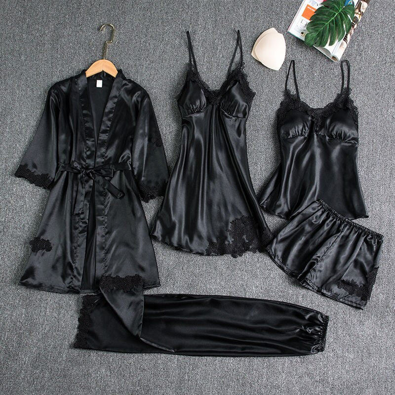 5PCS Sleepwear Female Pajamas Set Satin Pyjamamas Sexy Lace Patchwork - foxberryparkproducts