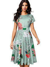 Nice-forever Vintage Elegant Floral Print Pleated Round neck dress - foxberryparkproducts