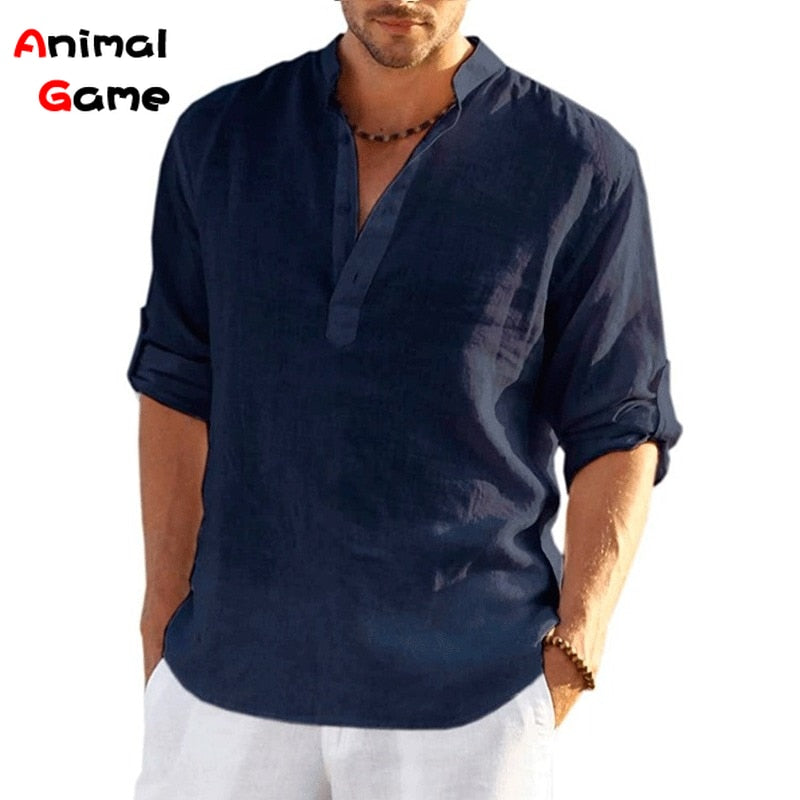 2023 New Mens Linen Long Sleeve T-Shirt