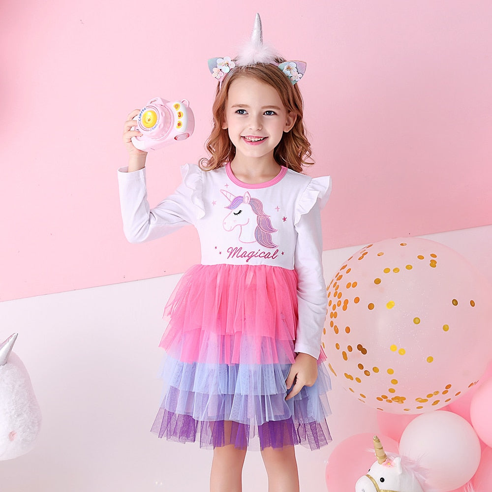 VIKITA Girls Princess Dress Unicorn Sequins Long Sleeve Autumn Dress Kids Birthday Party Wedding Tulle Dresses Children Clothing - foxberryparkproducts