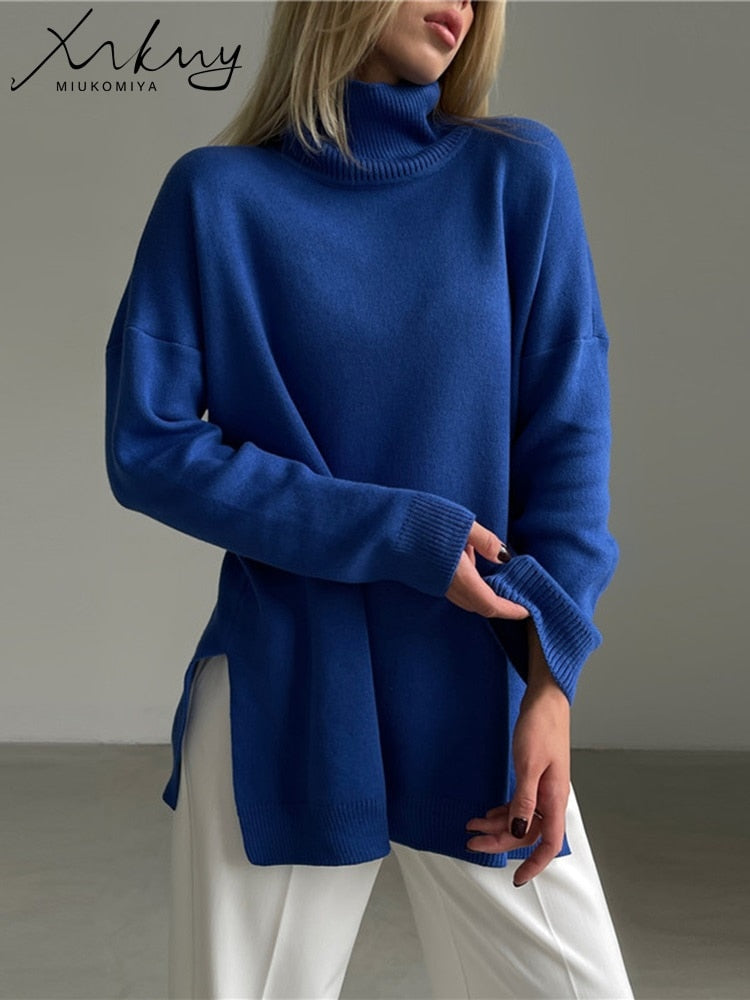Autumn Winter Women Sweaters Turtleneck Women Pullovers Side Split Knitted Jumpers - foxberryparkproducts