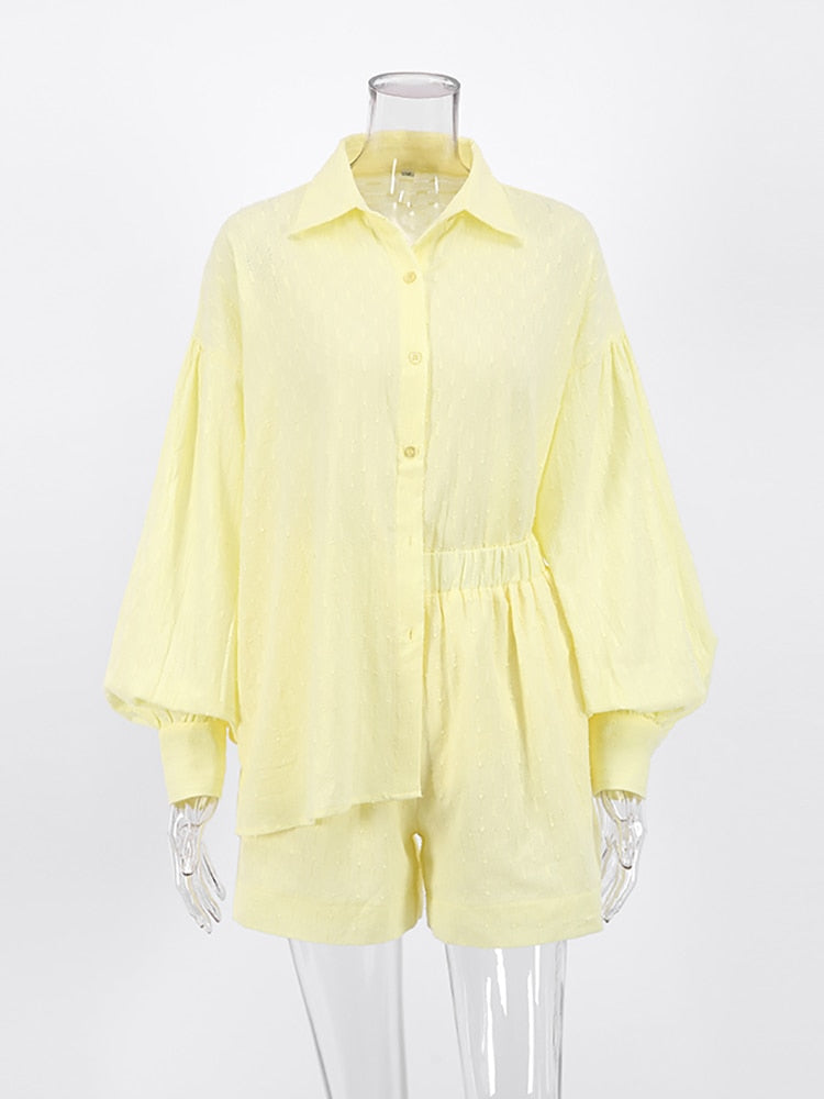 Vacation Suits Women Long Sleeves Shirts And Hot Pants Two Pieces Outfits Summer - foxberryparkproducts