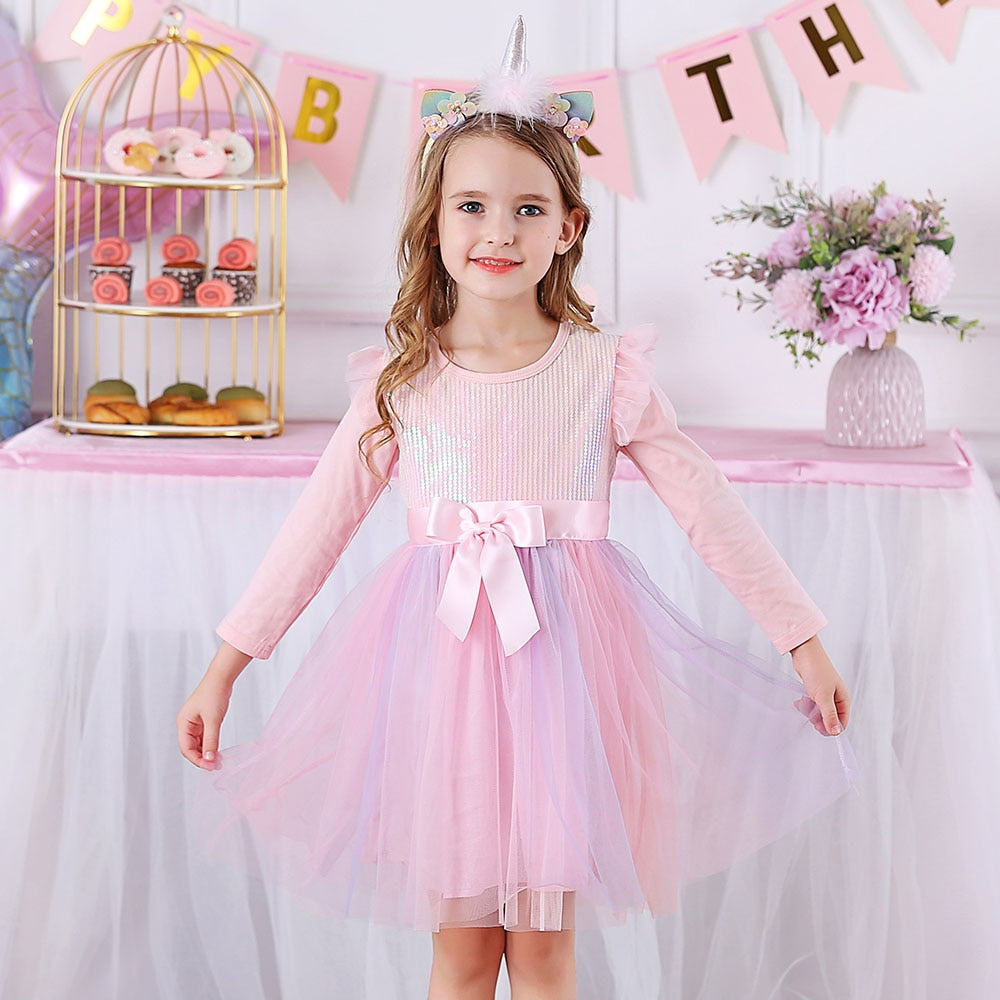 VIKITA Girls Princess Dress Unicorn Sequins Long Sleeve Autumn Dress Kids Birthday Party Wedding Tulle Dresses Children Clothing - foxberryparkproducts